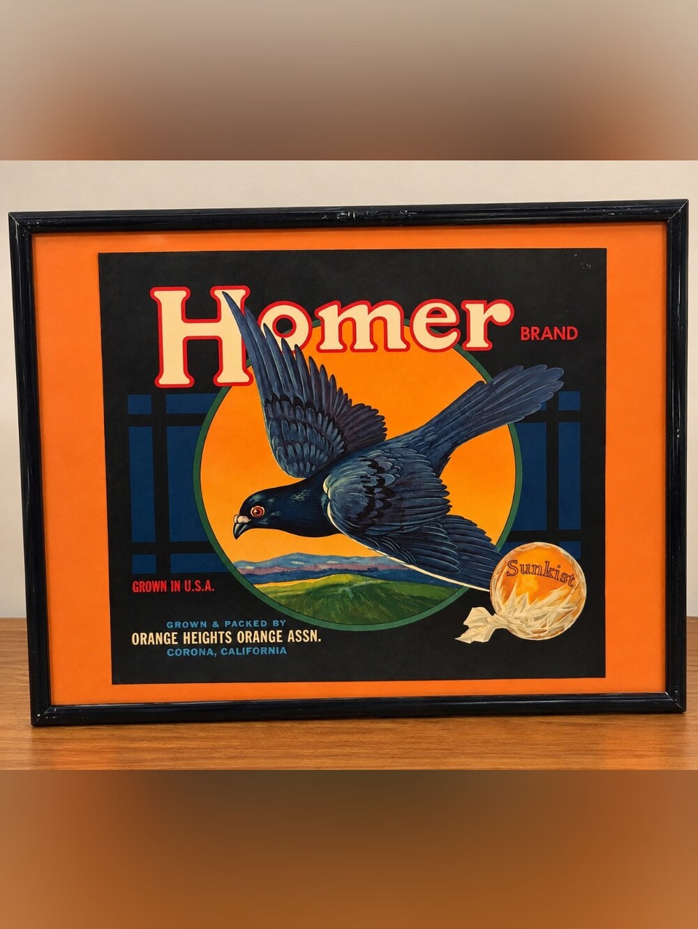 Homer Brand Sunkist Orange Crate Label Framed Wall Art Corona CA Citrus Vintage